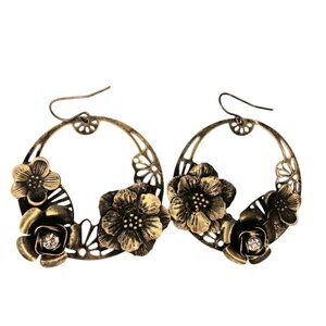 Vintage Art Nouveau Earrings Gold Brass Tone Flowers Rhinestone Hoop Pierced